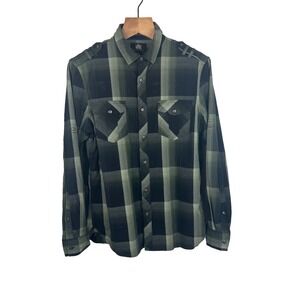 Rock & Republic Long Sleeve‎ Roll Up Button Up Stretch Shirt Green Plaid Mens L